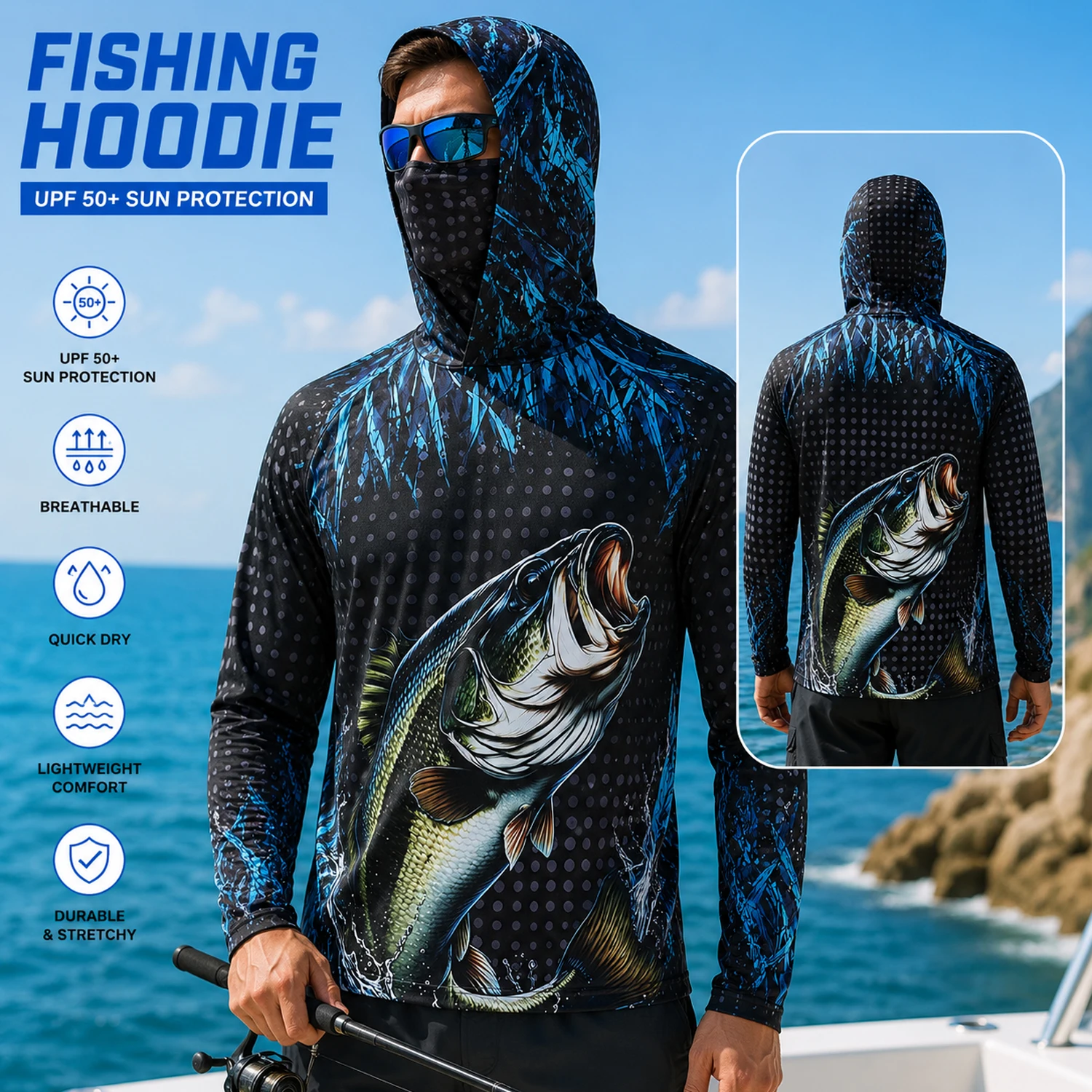 Fishing Mask Sun Protection - Hoodie Pancing Pria UPF50+ dengan Masker